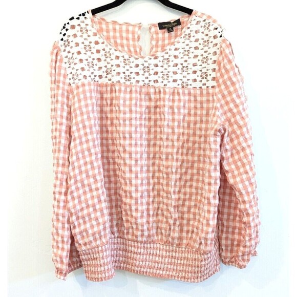 Suzanne Betro Blouse Womens Plus Size 1X Pink Gingham Crochet Top - Picture 1 of 11